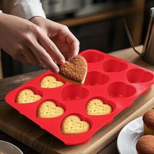 RED Heart-Shaped Silicone Baking Tray for Cupcakes Muffins Eggs Valentine's Day